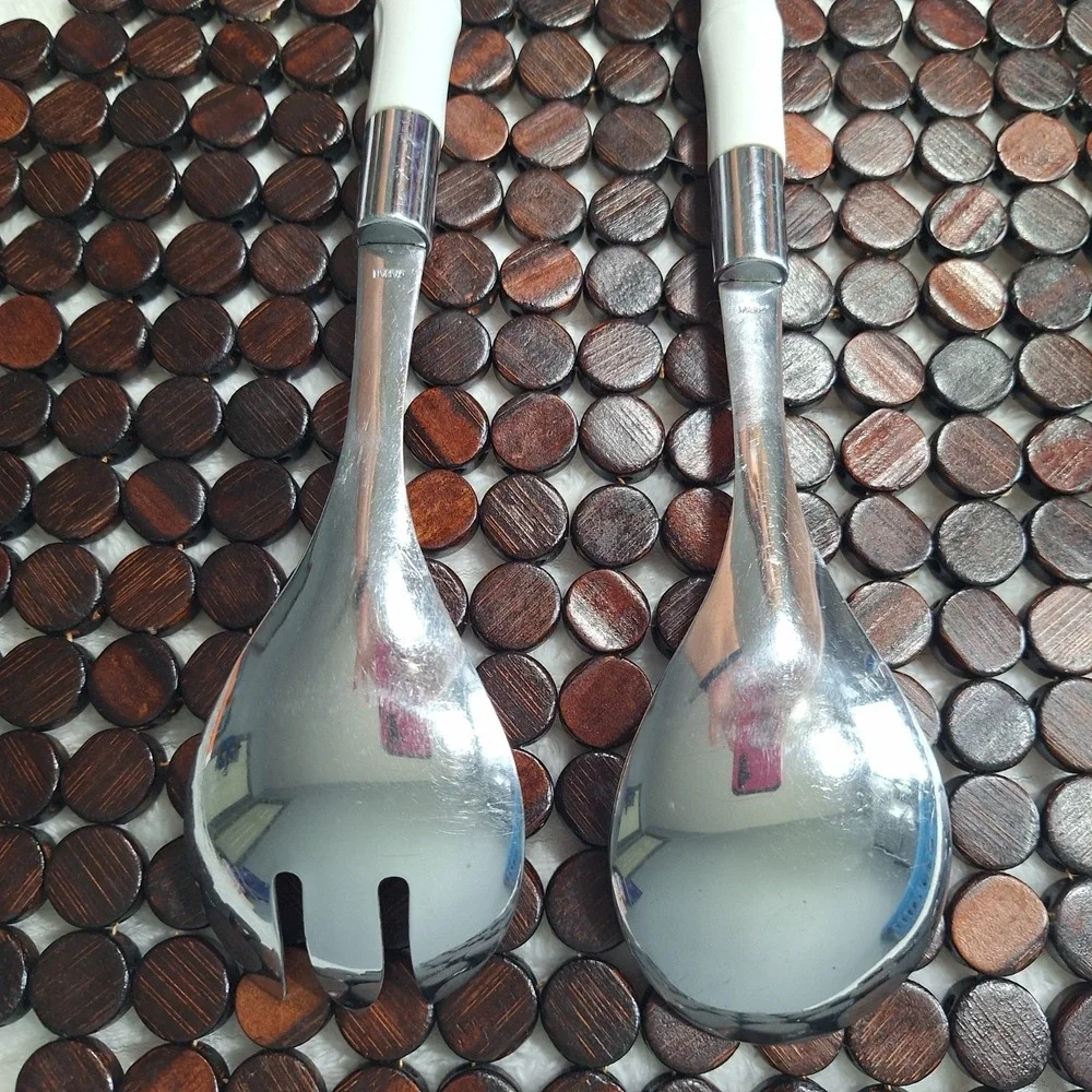 Vtg Frontier Forge 2Pc Stainless Steel Bamboo Style Serving Spoon Sald Fork Japa